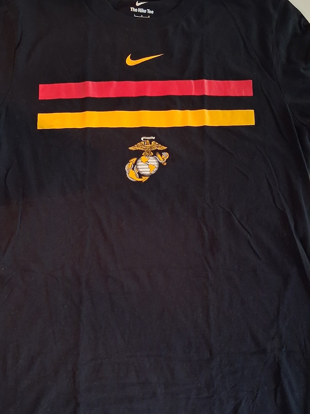 Nike Men’s USMC Black Tee with Red and Yellow Stripes and Emblem